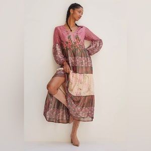 Anthropologie Mynah's Reynu Taandon Embroidered Floral Shimmer Maxi Dress